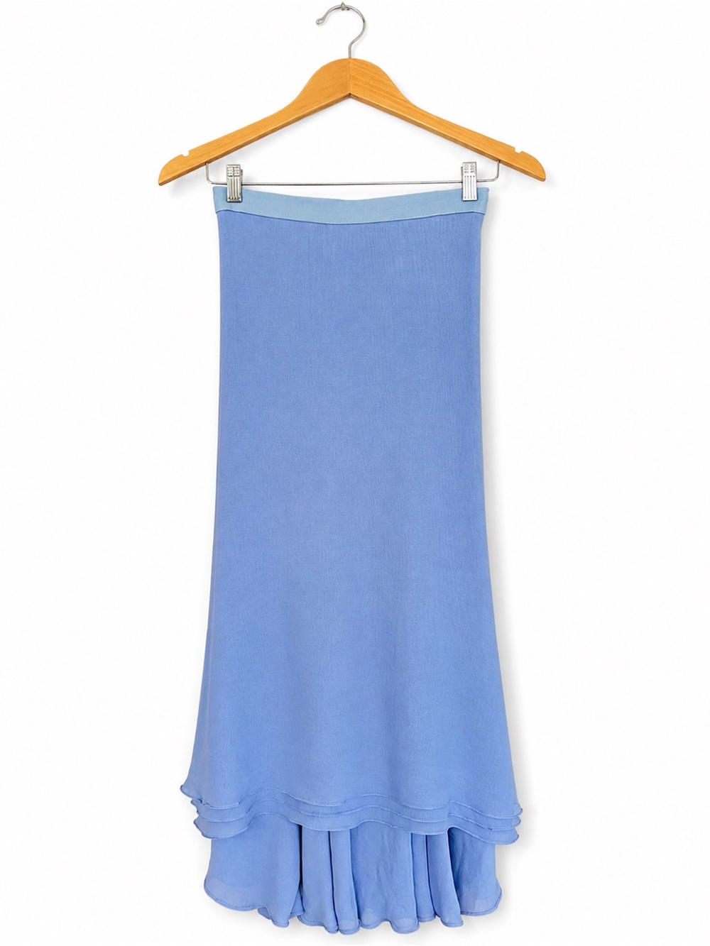 Naeem Khan 100% Silk Blue High Low Maxi Skirt Ruffle Hem Size 6